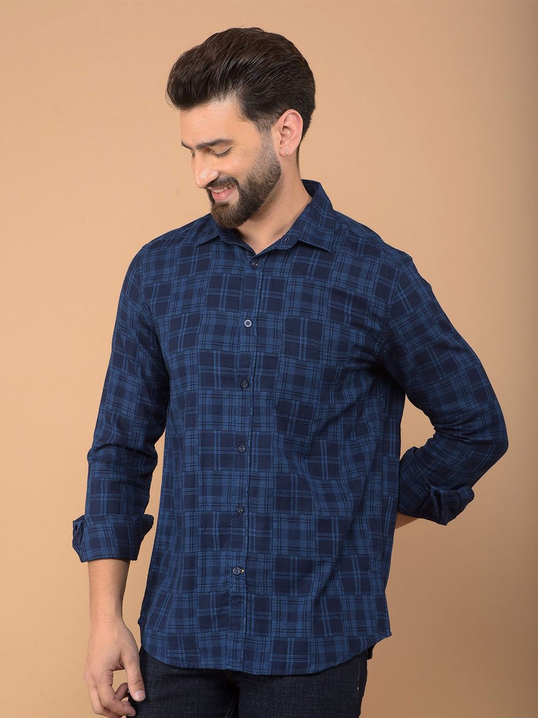 

Crimsoune Club Men Classic Spread Collar Checked Cotton Slim Fit Casual Shirt, Blue