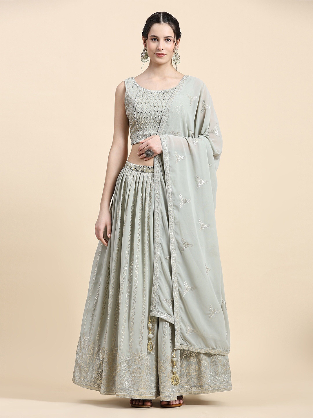 

VANAKARA Embroidered Mirror Work Ready to Wear Lehenga & Blouse With Dupatta, Olive