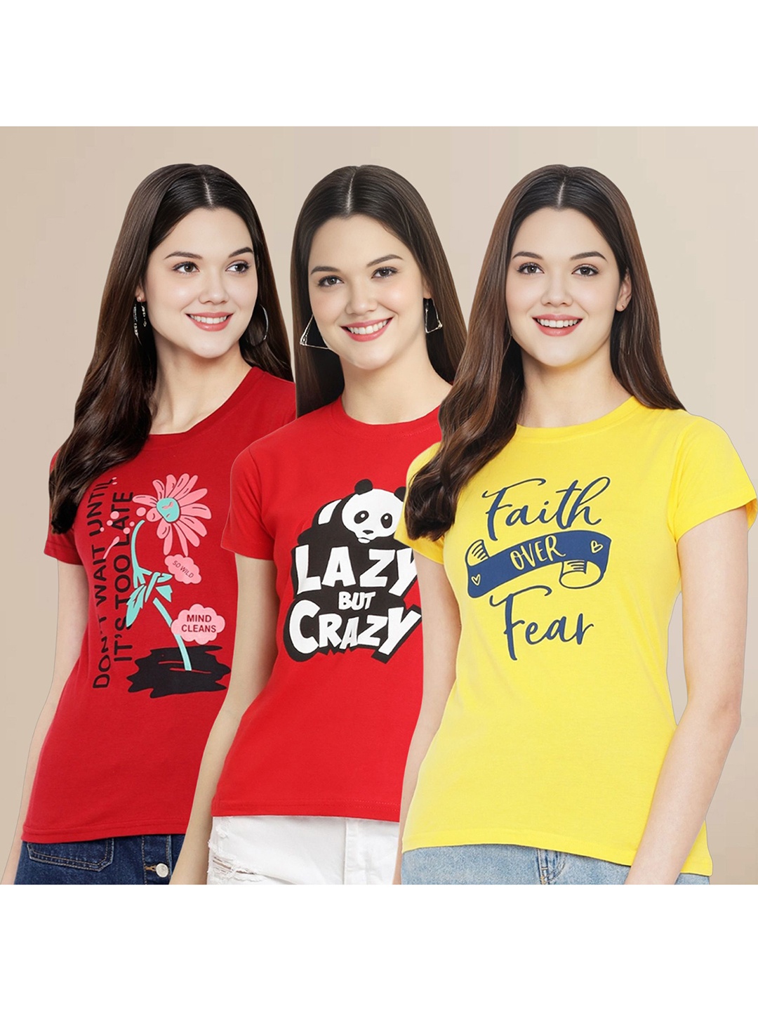

Metronaut Women Pack Of 3 Typography Printed Round Neck Cotton T-shirts, Red