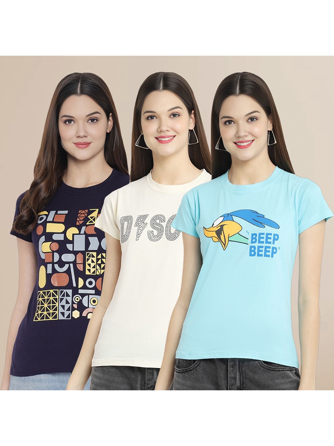 

Metronaut Women Pack Of 3 Typography Printed Round Neck Cotton Looney Tunes T-shirts, Navy blue