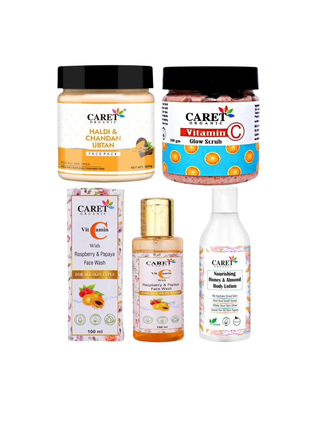 

CARET ORGANIC Set of 4 Face Pack, Vitamin C Scrub ,Papaya Face Wash & Body Lotion Combo, White