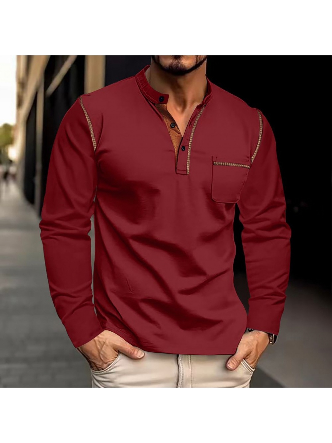 

StyleCast x Revolte Men Solid Henley Neck T-shirt, Maroon