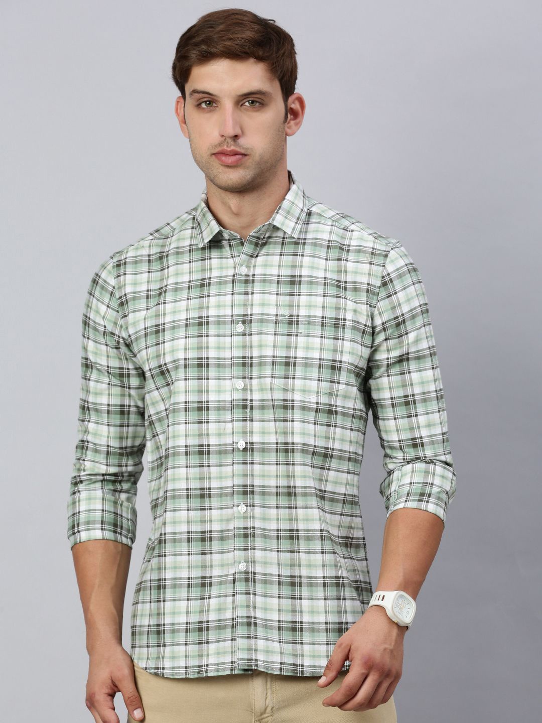 

Classic Polo Men India Slim Spread Collar Tartan Checked Cotton Casual Shirt, Green