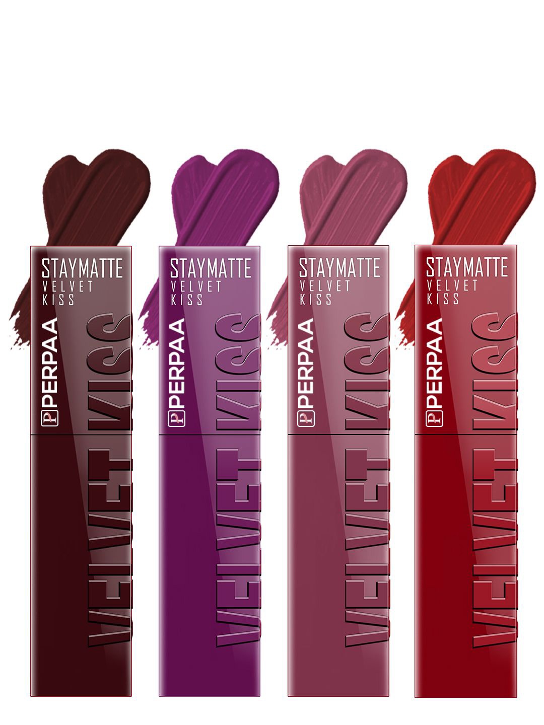 

PERPAA Velvet Kiss Set Of 4 Waterproof Liquid Lipstick -3.5 ml Each -Shades -2 - 3 - 4- 12, Pink