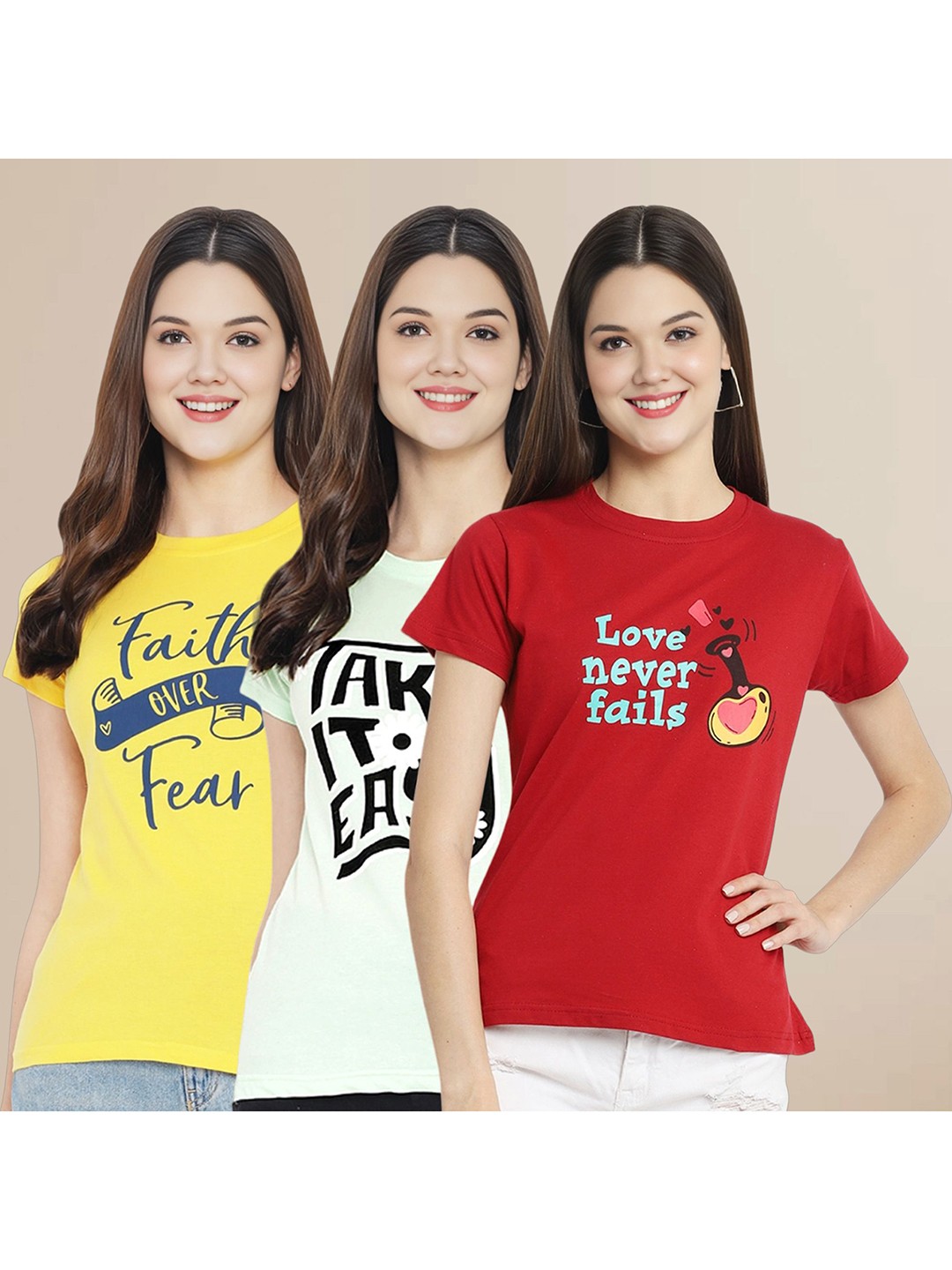 

Metronaut Women Pack Of 3 Typography Printed Round Neck Cotton T-shirts, Yellow