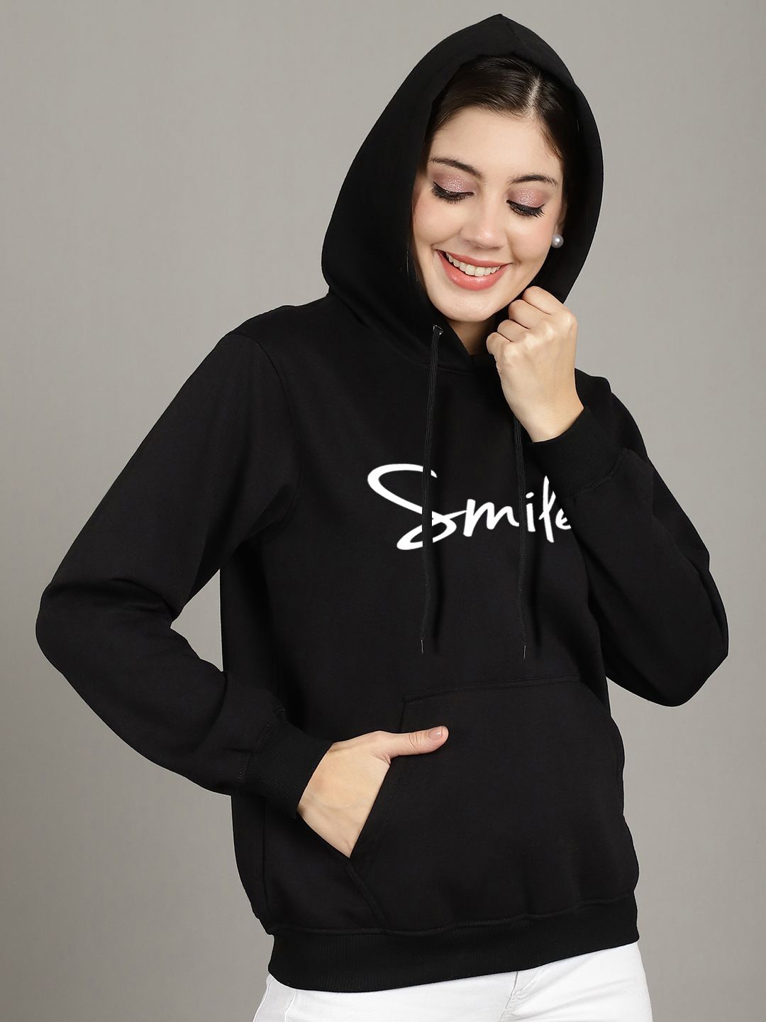 

GRACIT Women Typography Printed Hooded Pullover Sweatshirt, Black