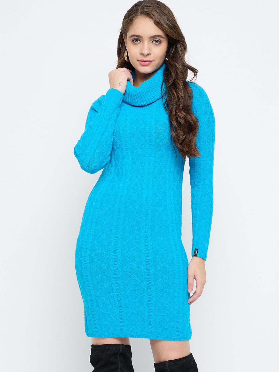 

CREATIVE LINE Women Self Design High Neck Winter Jumper Dress, Blue