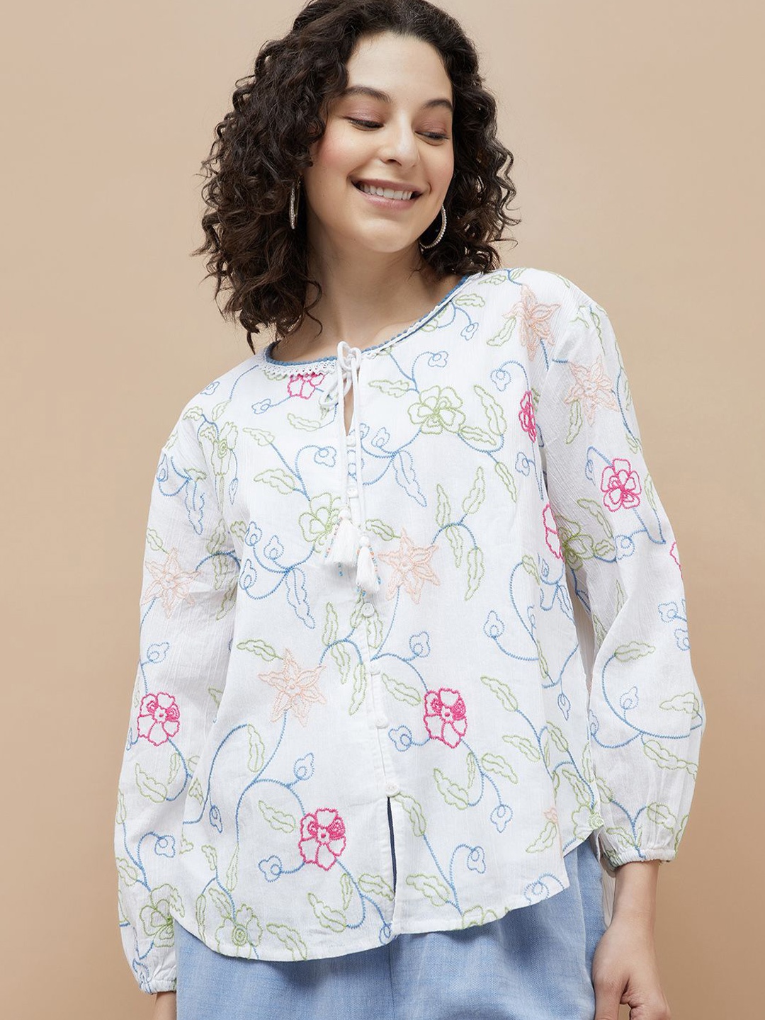 

Colour Me by Melange Women Embroidered Floral Puff Sleeve Cotton Top, White