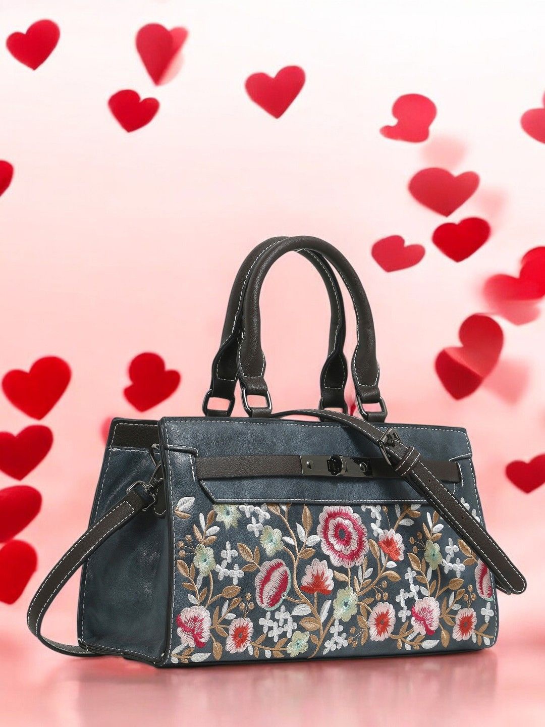 

Exotic Women Floral Printed Structured Leather Handheld Bag, Grey
