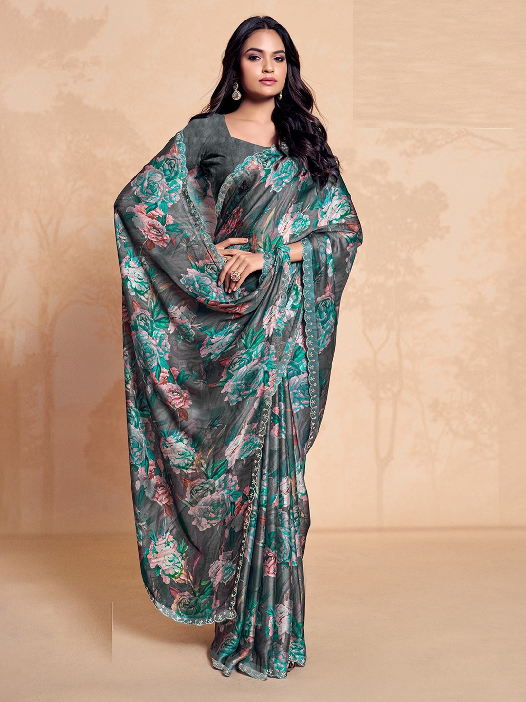 

MAHALASA Floral printed Satin Saree, Grey