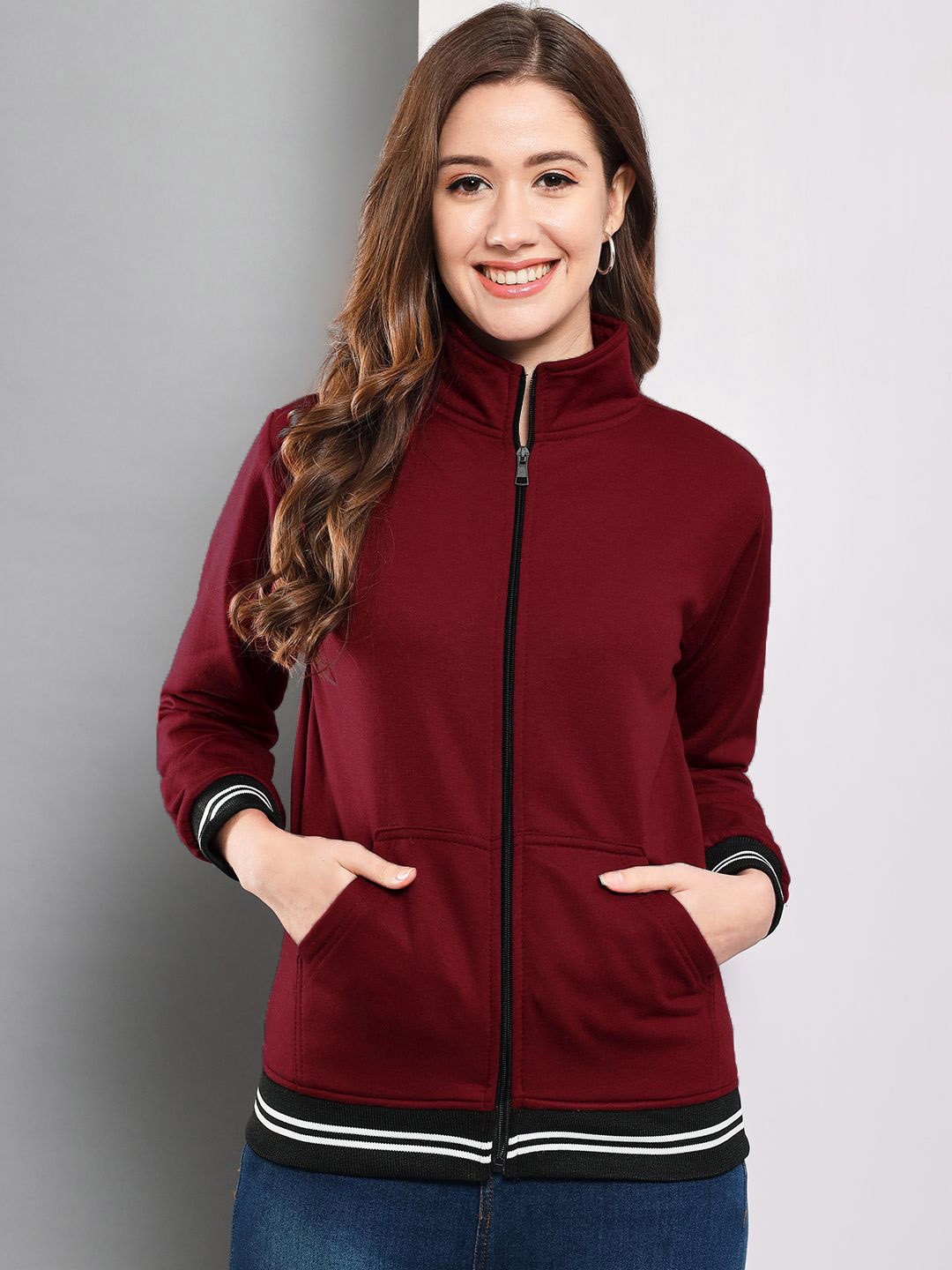 

Funday Fashion Women Mock Collar Solid Fleece Casual Bomber Jacket, Maroon