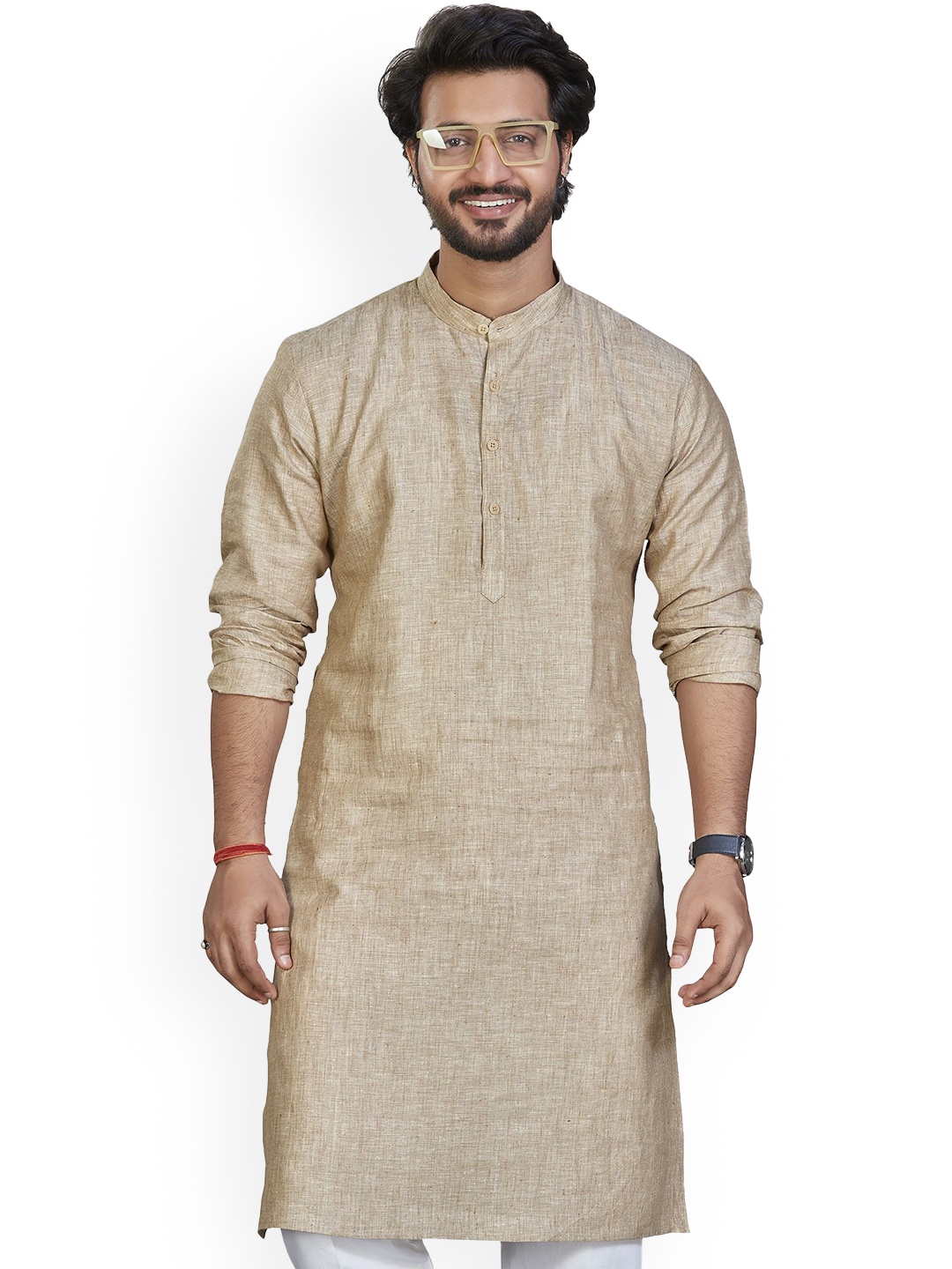 

Authentics Band Collar Woven Design Straight Kurta, Beige