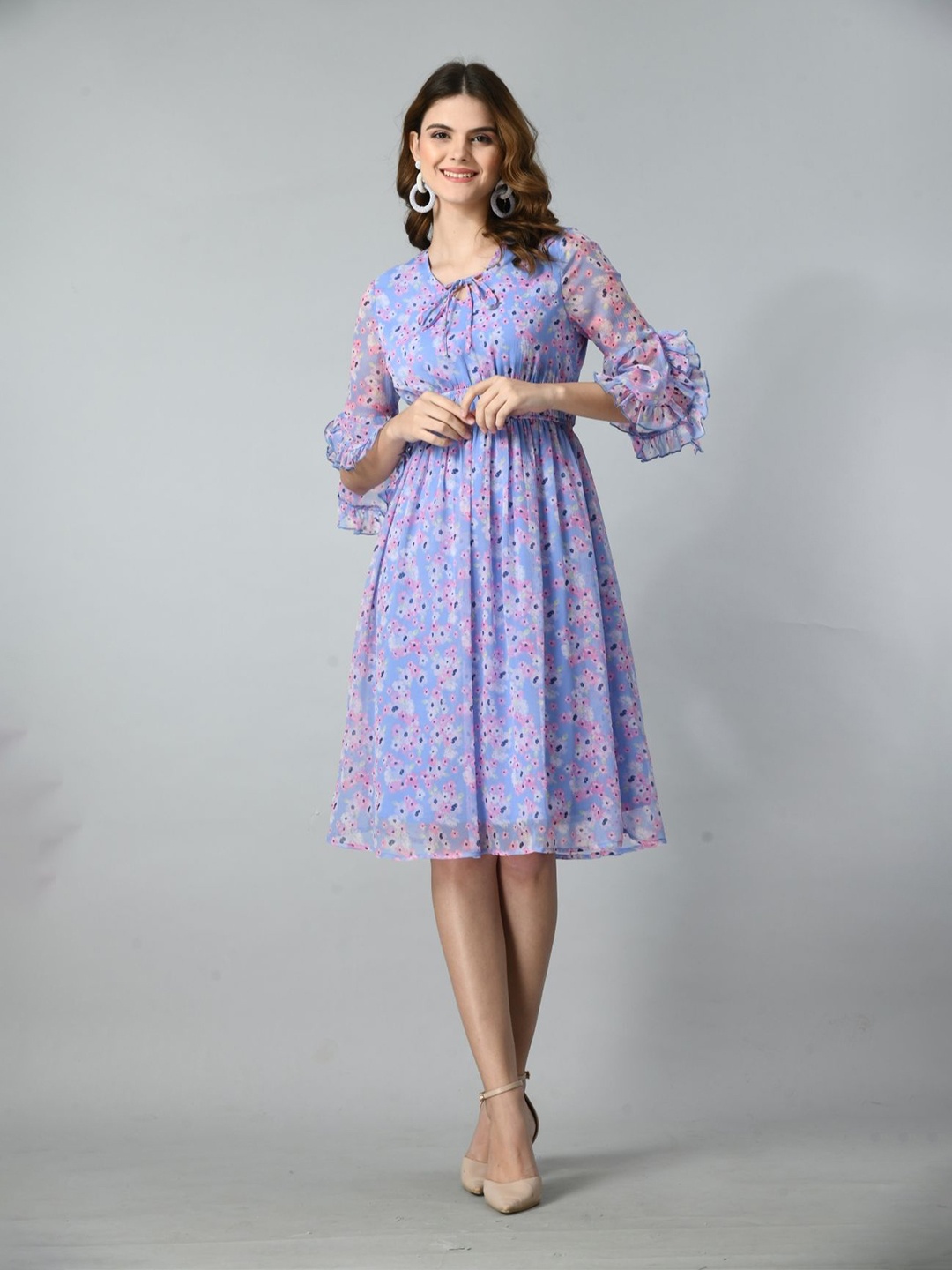 

Fuchsia Women Floral Printed Bell Sleeve Fit & Flare Dress, Blue