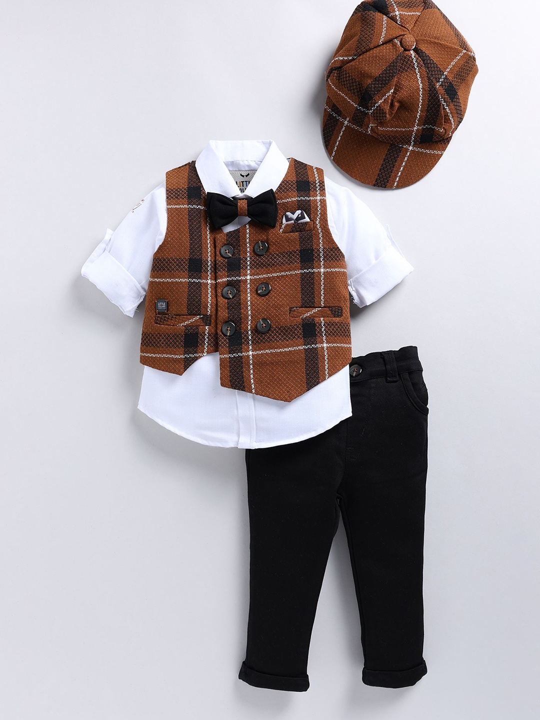 

LITTLE COLLARS Boys Checked V-Neck Single-Breasted 5-Piece Suit, Brown