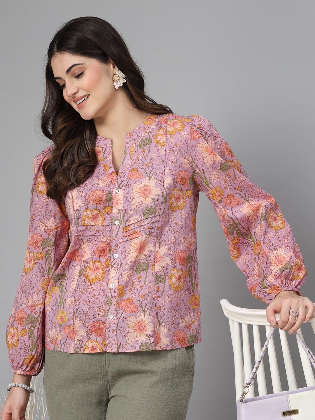 

QOMN Women Cotton Floral Printed Puff Sleeve Top, Purple