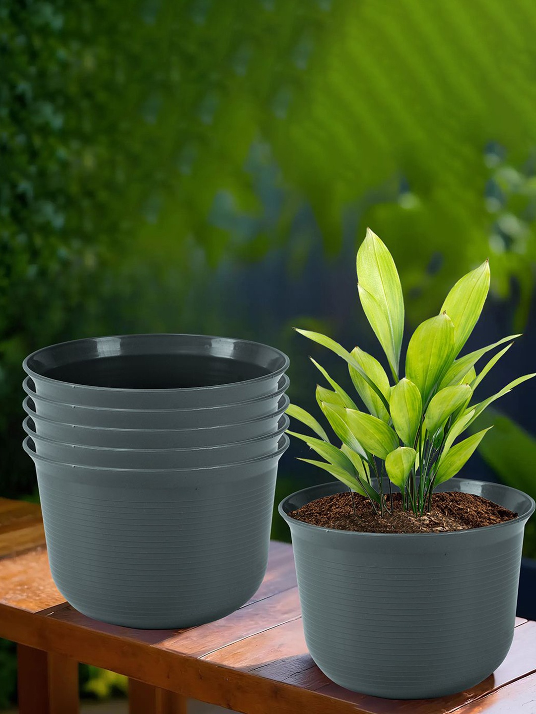 

Kuber Industries Grey 6 Pieces Textured Planters With Plates