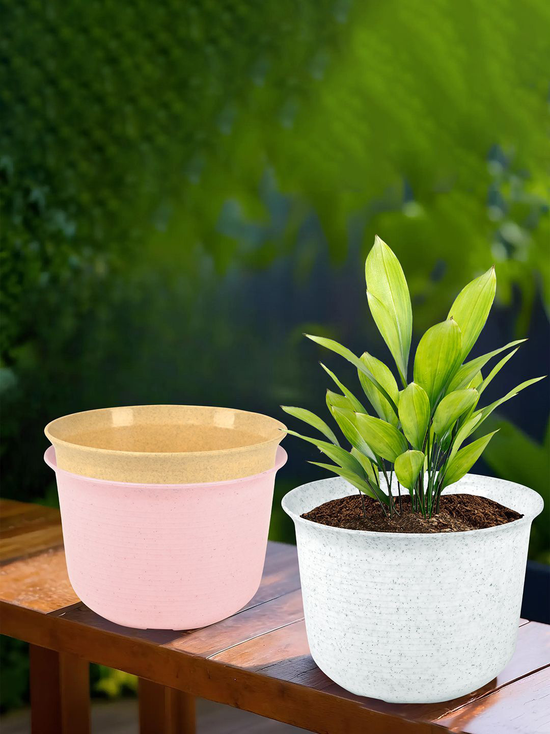 

Kuber Industries White & Pink 3 Pieces Striped Planters With Plate
