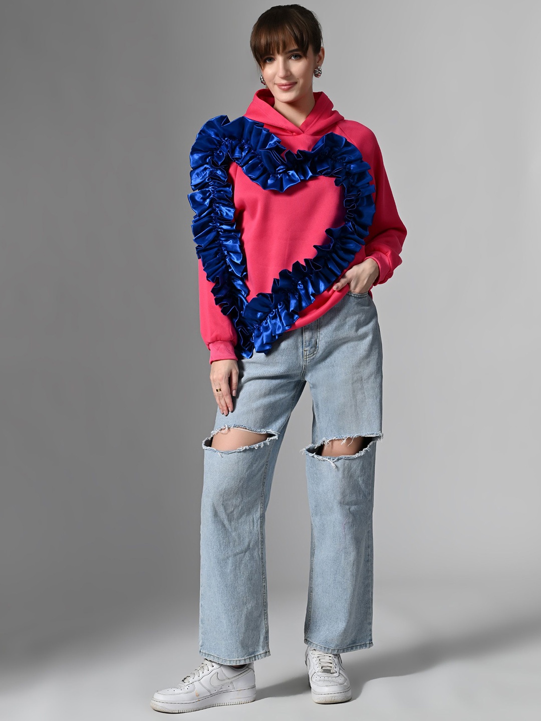 

PANKH Women Self Design Ruffled Heart Applique Pullover, Pink