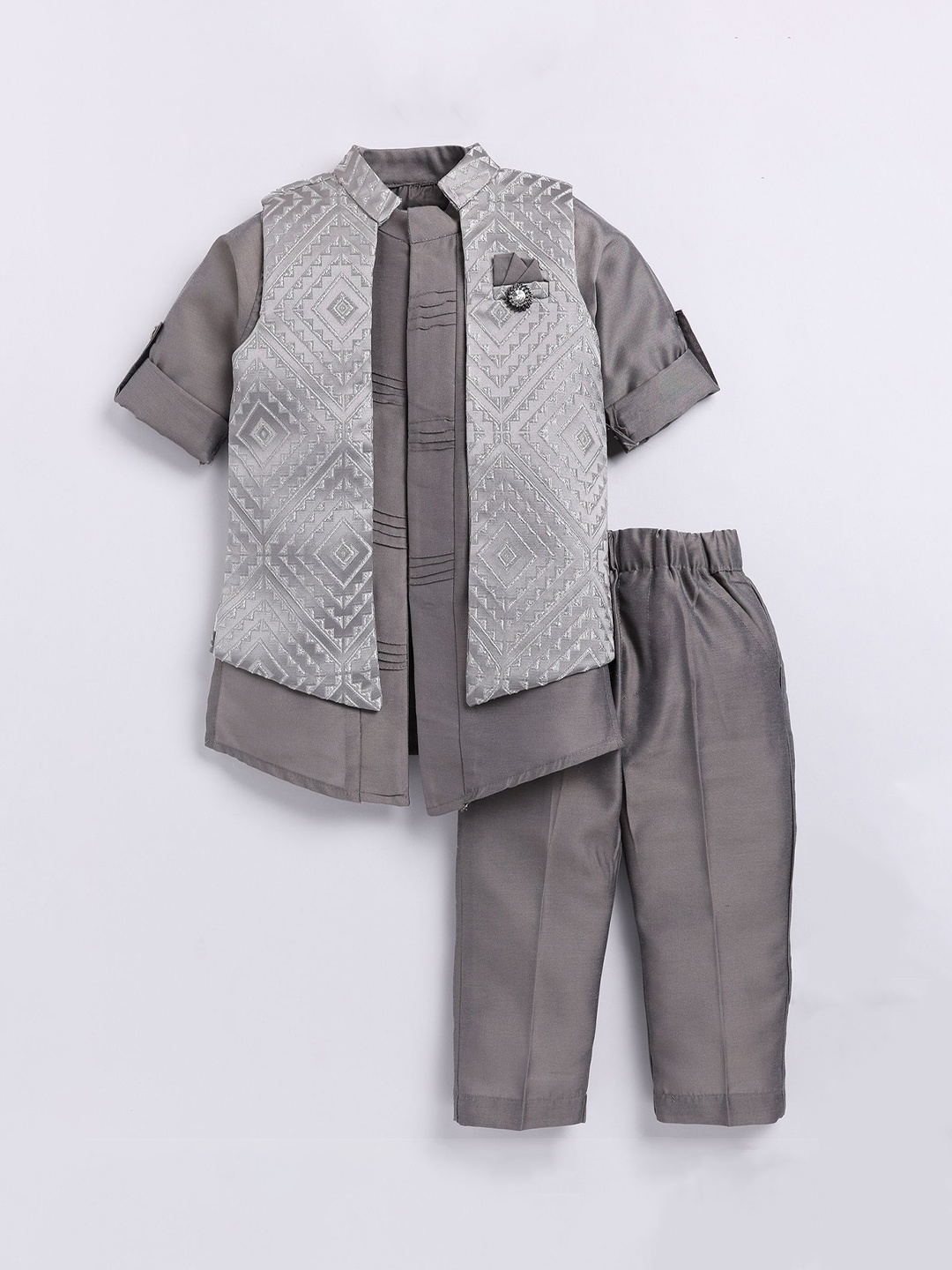 

LITTLE COLLARS Boys Embroidered Regular Kurta with Pyjamas, Grey