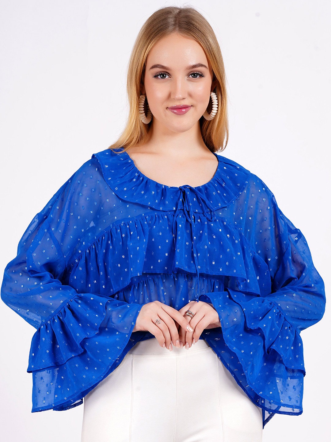 

MINGLAY Women Polka Dots Printed Regular Top, Blue