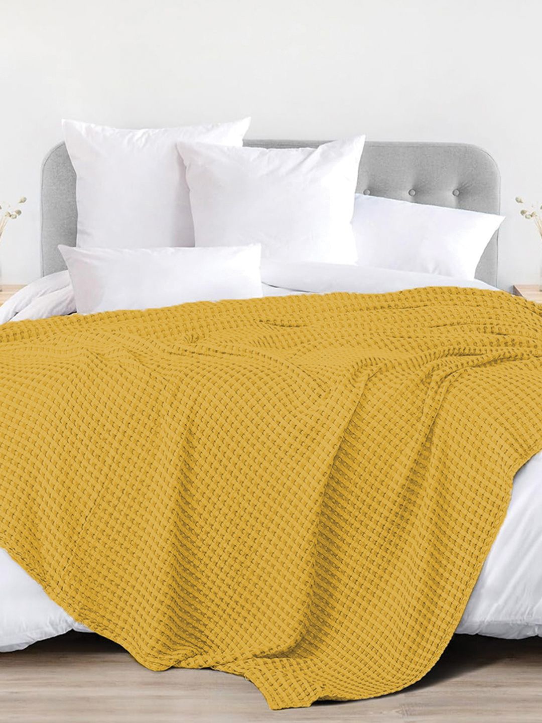 

URBAN SPACE Waffle Mustard Checked Cotton AC Room 150 GSM Double Bed Blanket