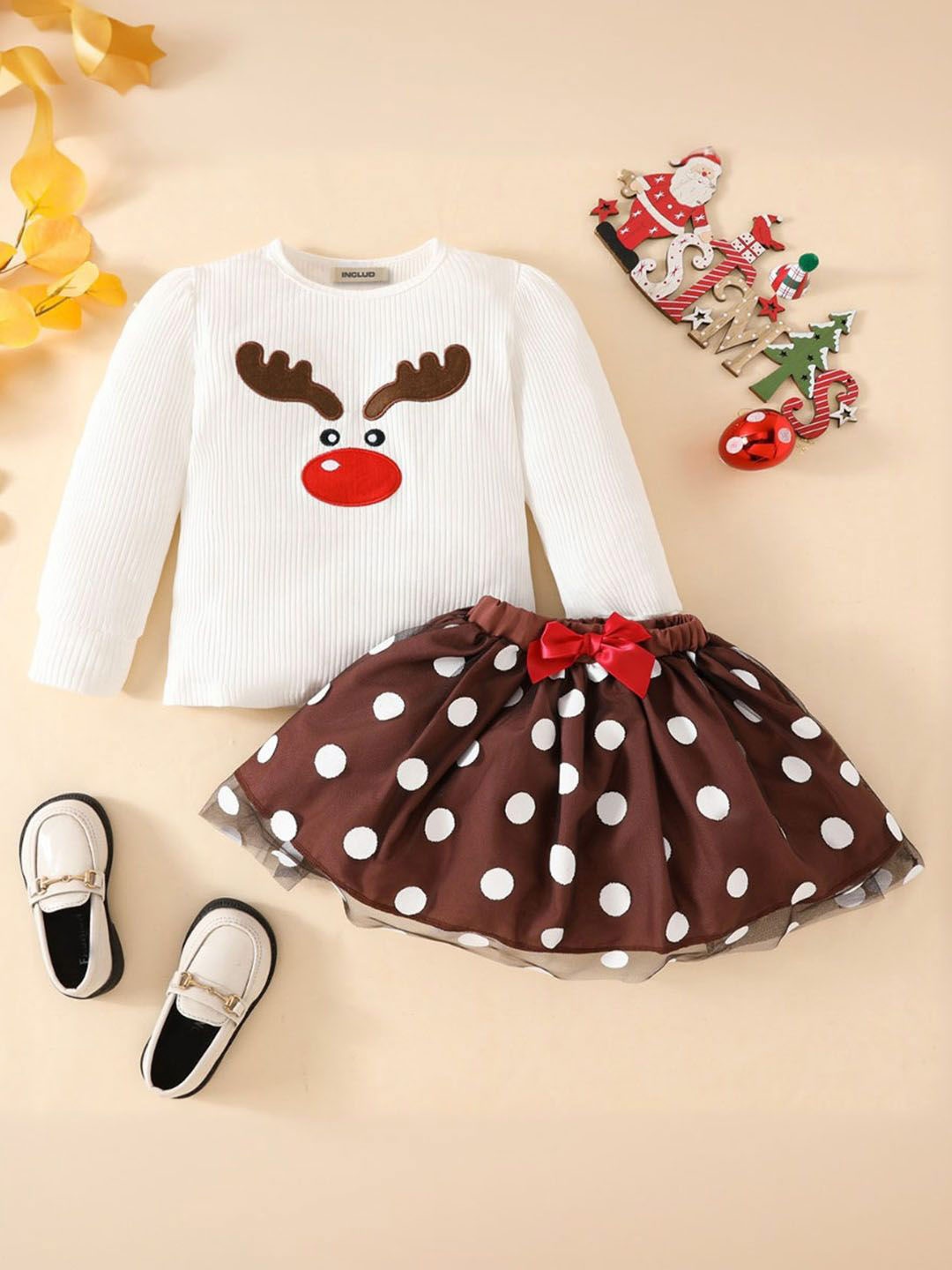 

INCLUD Girls Patch Work Round Neck Long Sleeves Top With Skirt, White