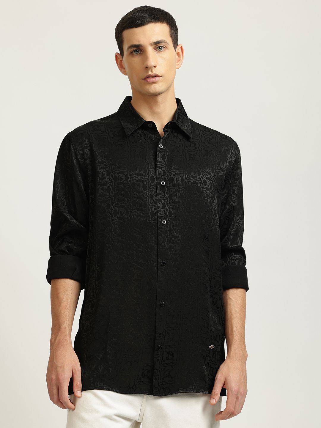 

Just Cavalli Men Spread Collar Textured Casual Shirt, Black