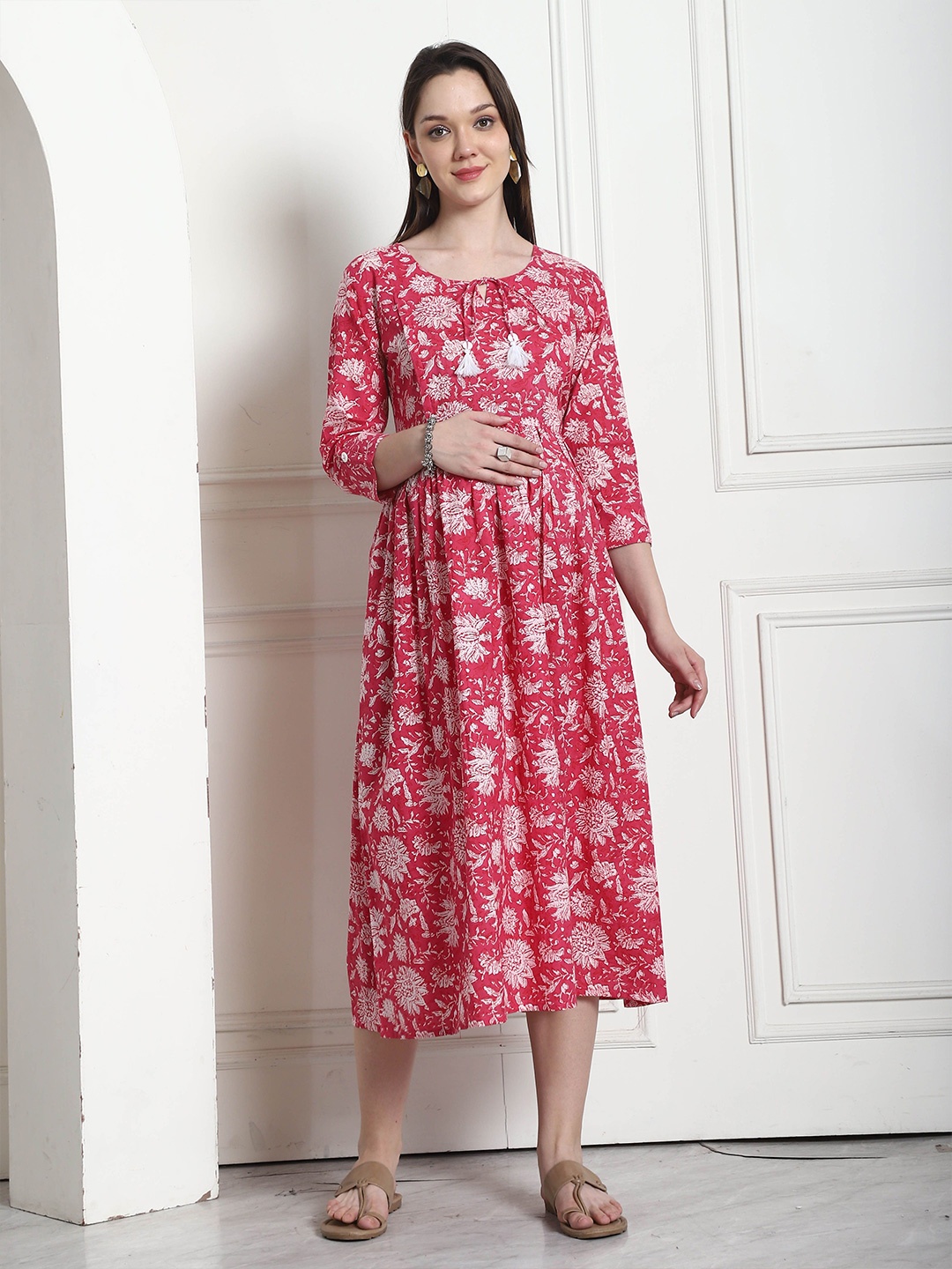 

Roly Poly Women Cotton Floral Printed Empire Midi Dress, Pink