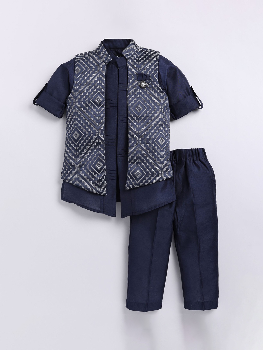 

LITTLE COLLARS Boys Mandarin Collar Kurta with Trouser and Jacket, Navy blue