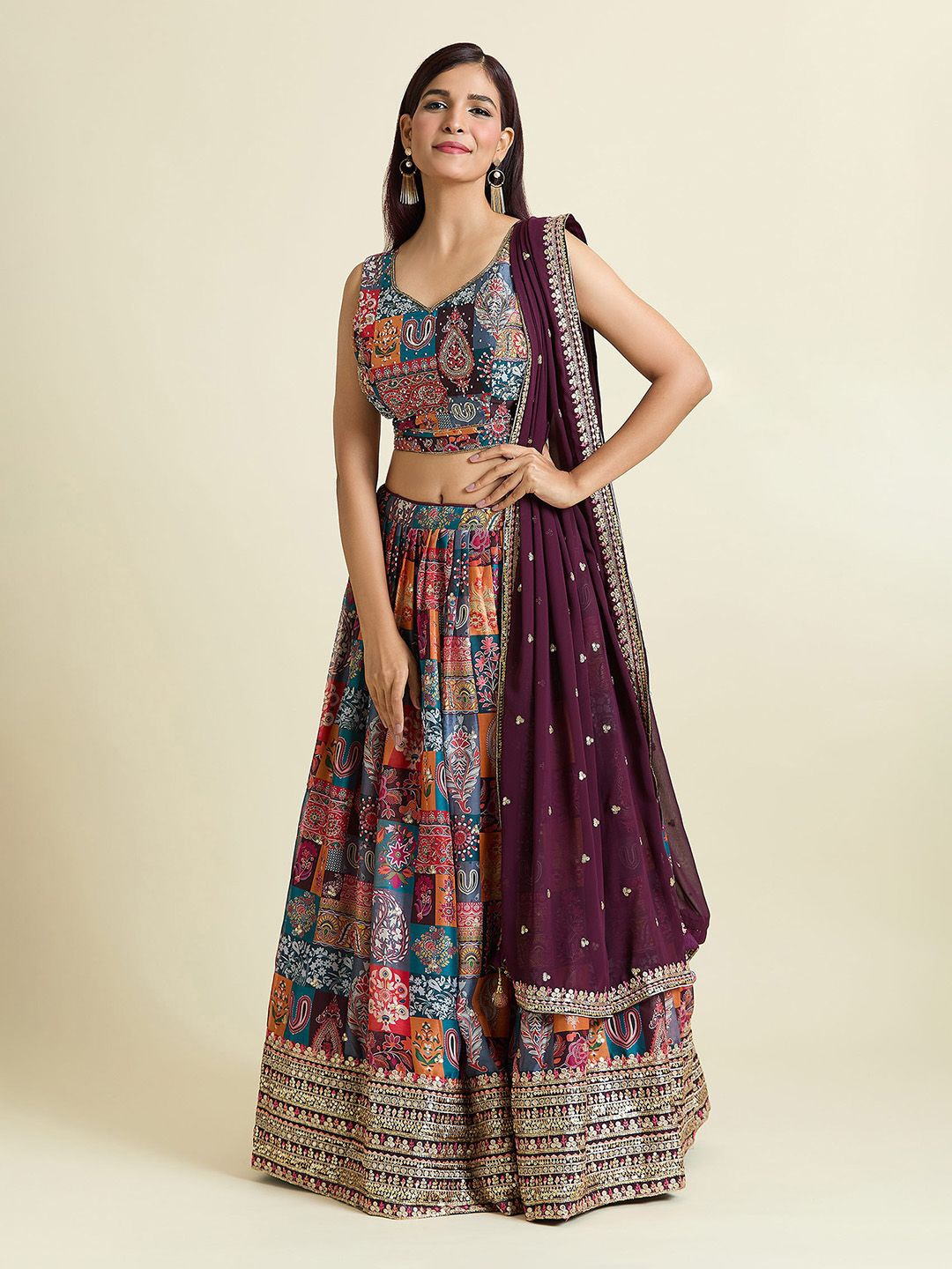 

Samyukta Singhani Patch Print Embroidered Ready to Wear Lehenga & Blouse With Dupatta, Maroon
