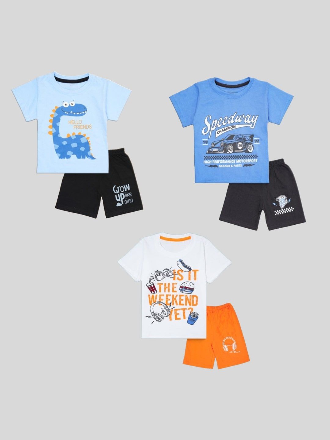 

BURBN Boys Pack of 3 Printed Pure Cotton T-shirt with Shorts, Blue