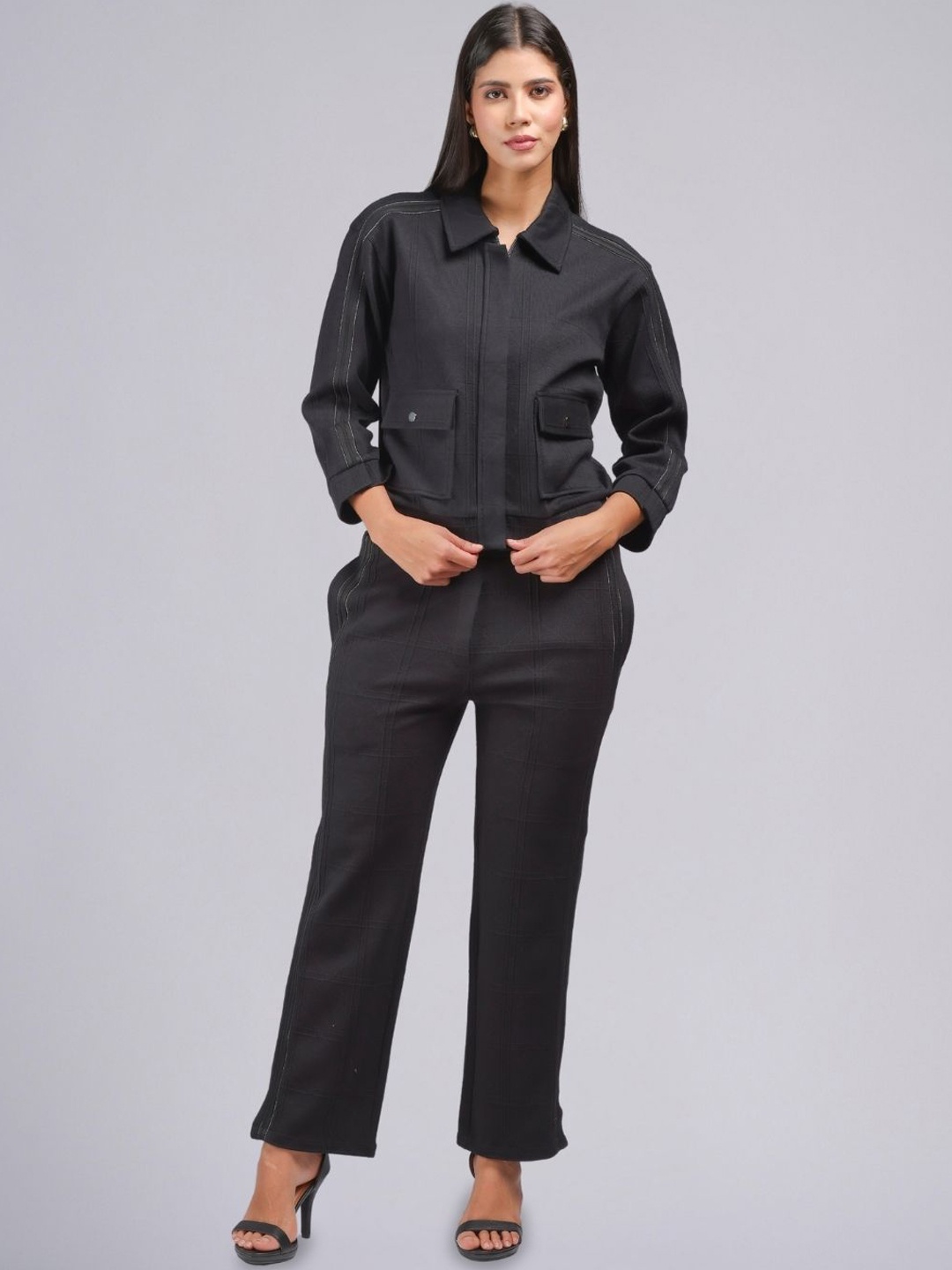 

PUREMIST Shirt Collar Three-Quarter Sleeves Jacket With Trouser, Black