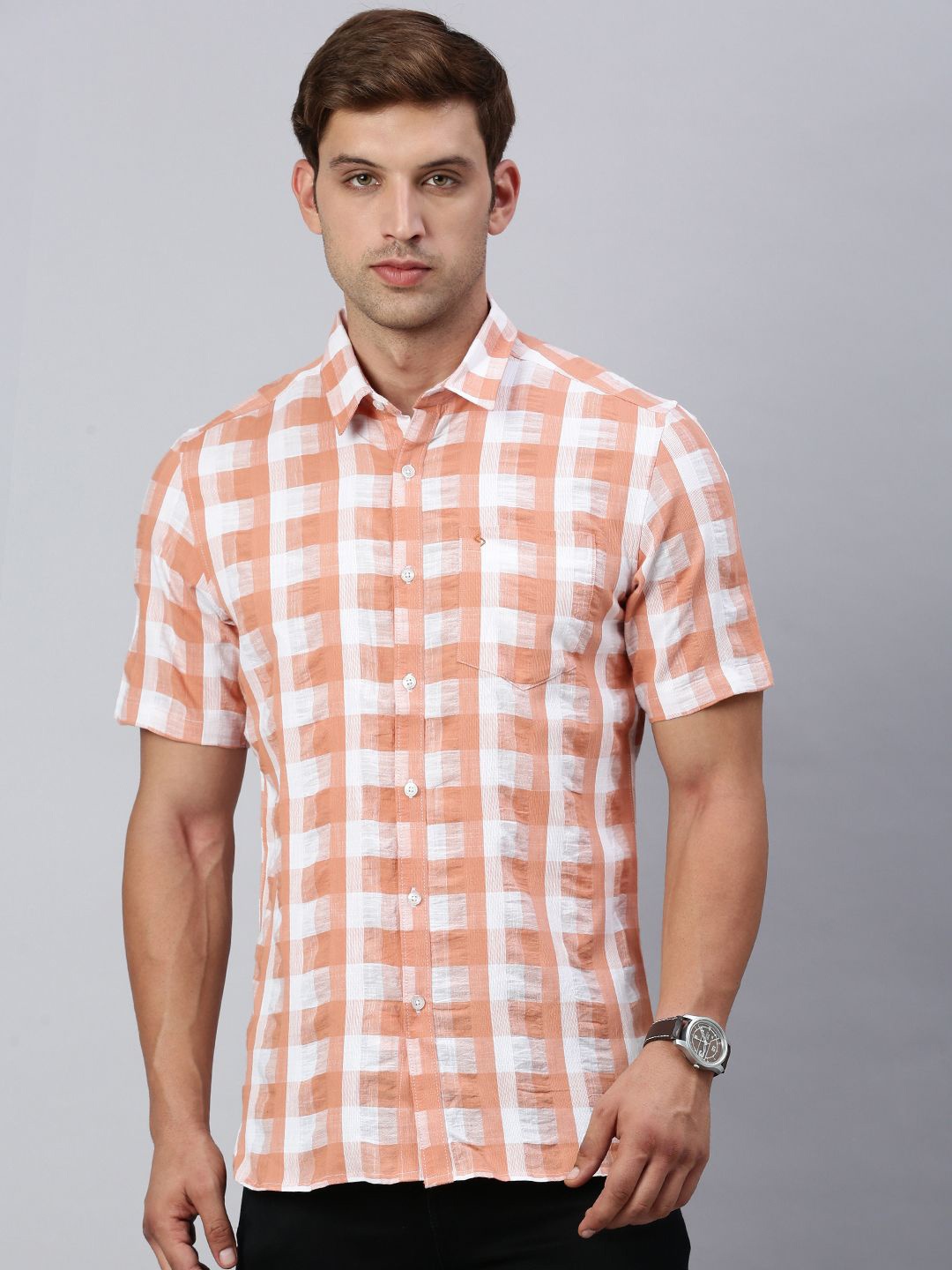 

Classic Polo Men Slim Fit Gingham Checks Opaque Checked Casual Shirt, Orange