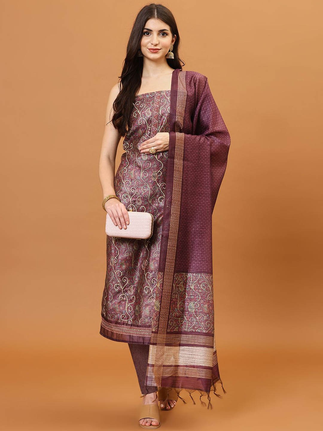

Meena Bazaar Floral Printed Unstitched Dress Material, Burgundy