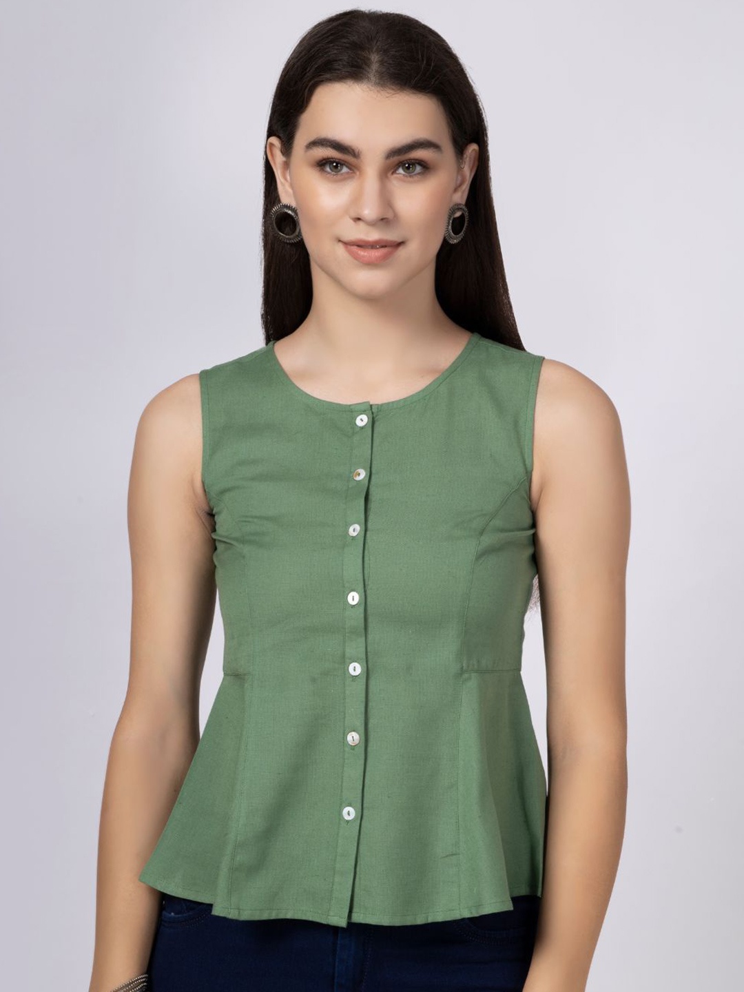 

Saffron Threads Women Round Neck Sleeveless A-Line Top, Green