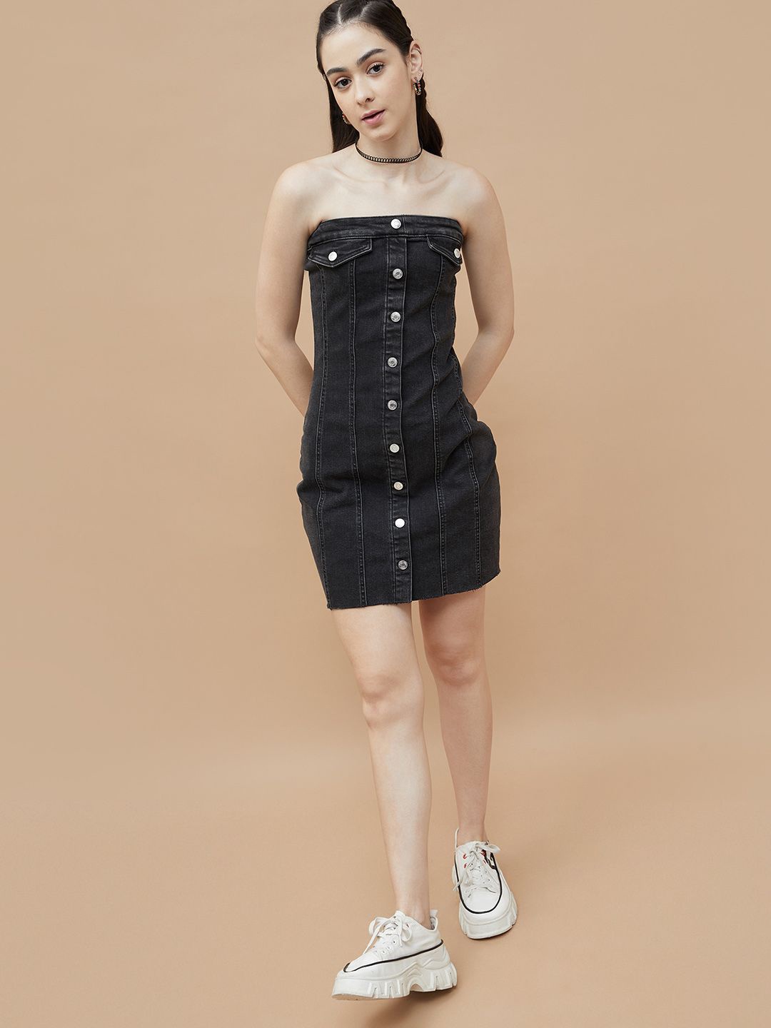 

Ginger by Lifestyle Women Off-Shoulder Cotton Pinafore Above Knee Dress, Black