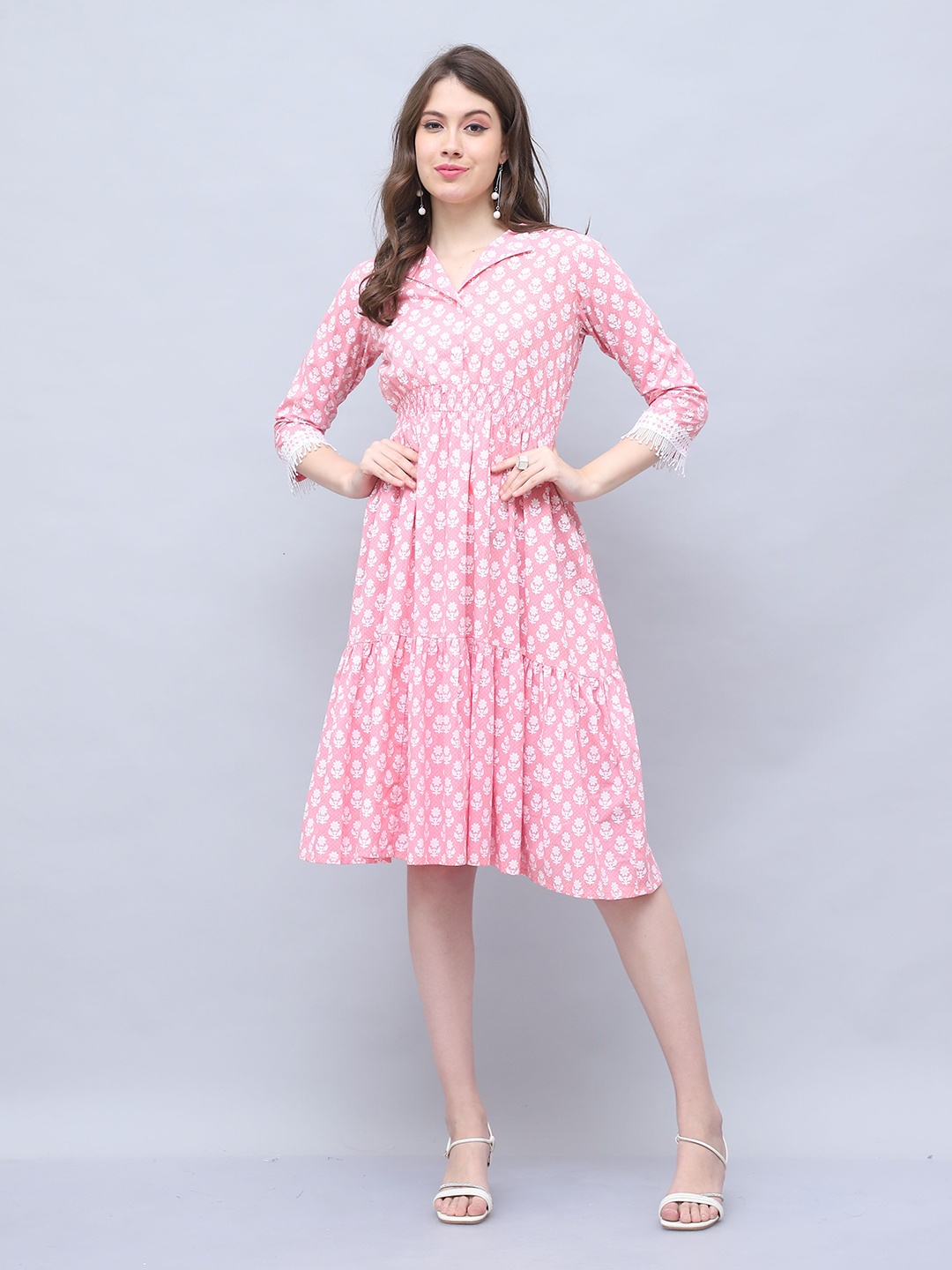 

Roly Poly Women Cotton Floral Printed Fit and Flare Midi Dress, Pink