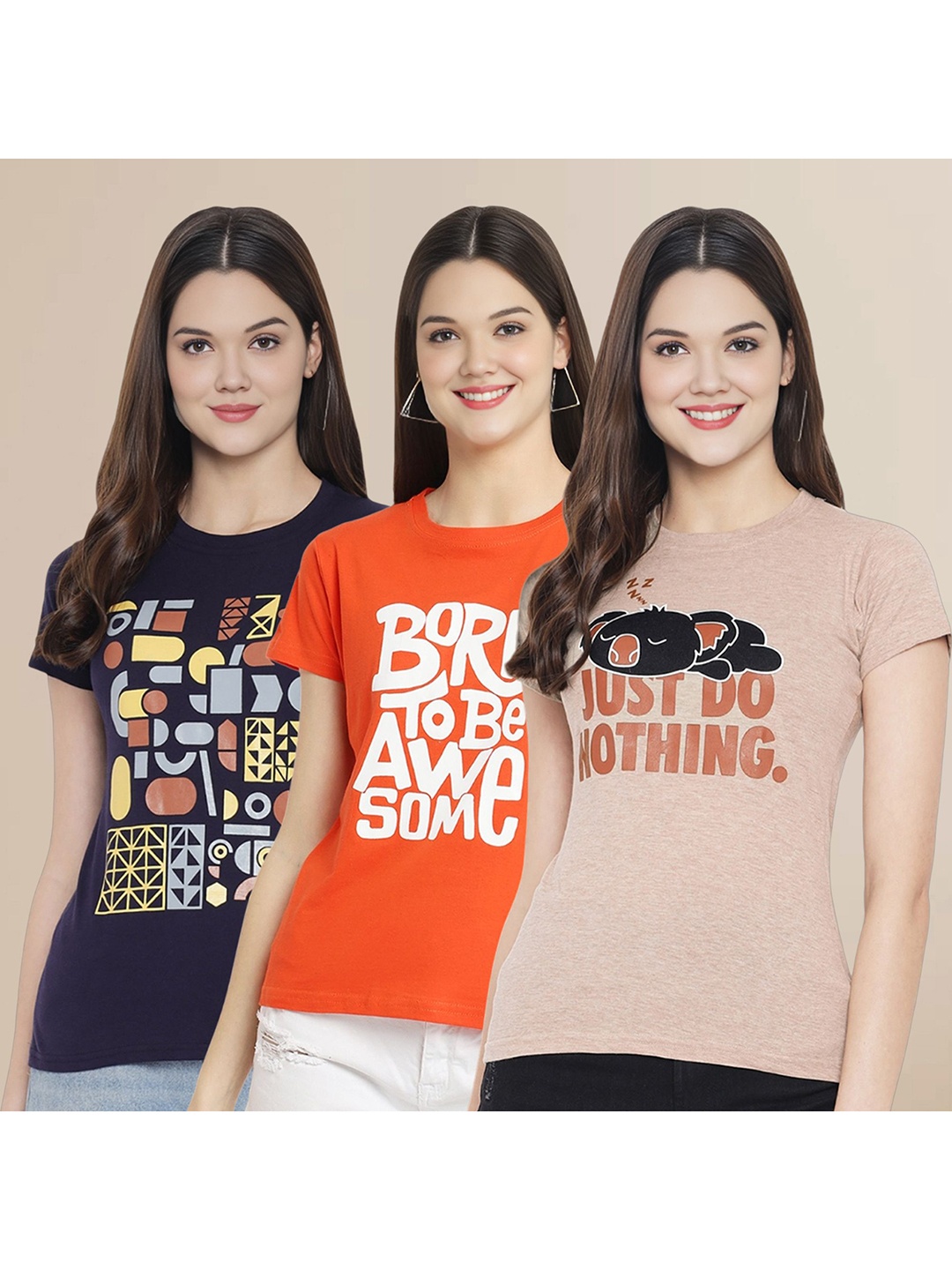 

Metronaut Women Pack Of 3 Typography Printed Round Neck Cotton T-shirts, Beige