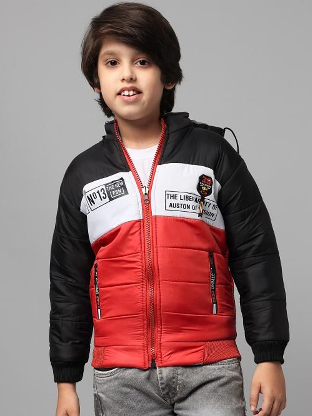 

Anixa Boys Mock Collar Colourblocked Casual Padded Jacket, Red
