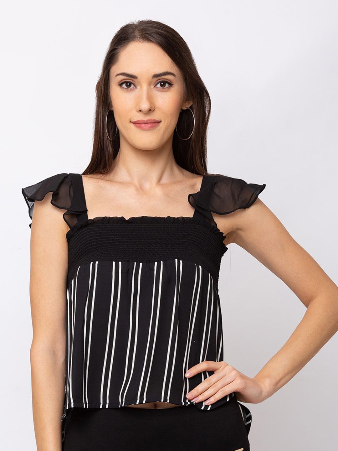 

SHECZZAR Striped Georgette Crop Top, Black