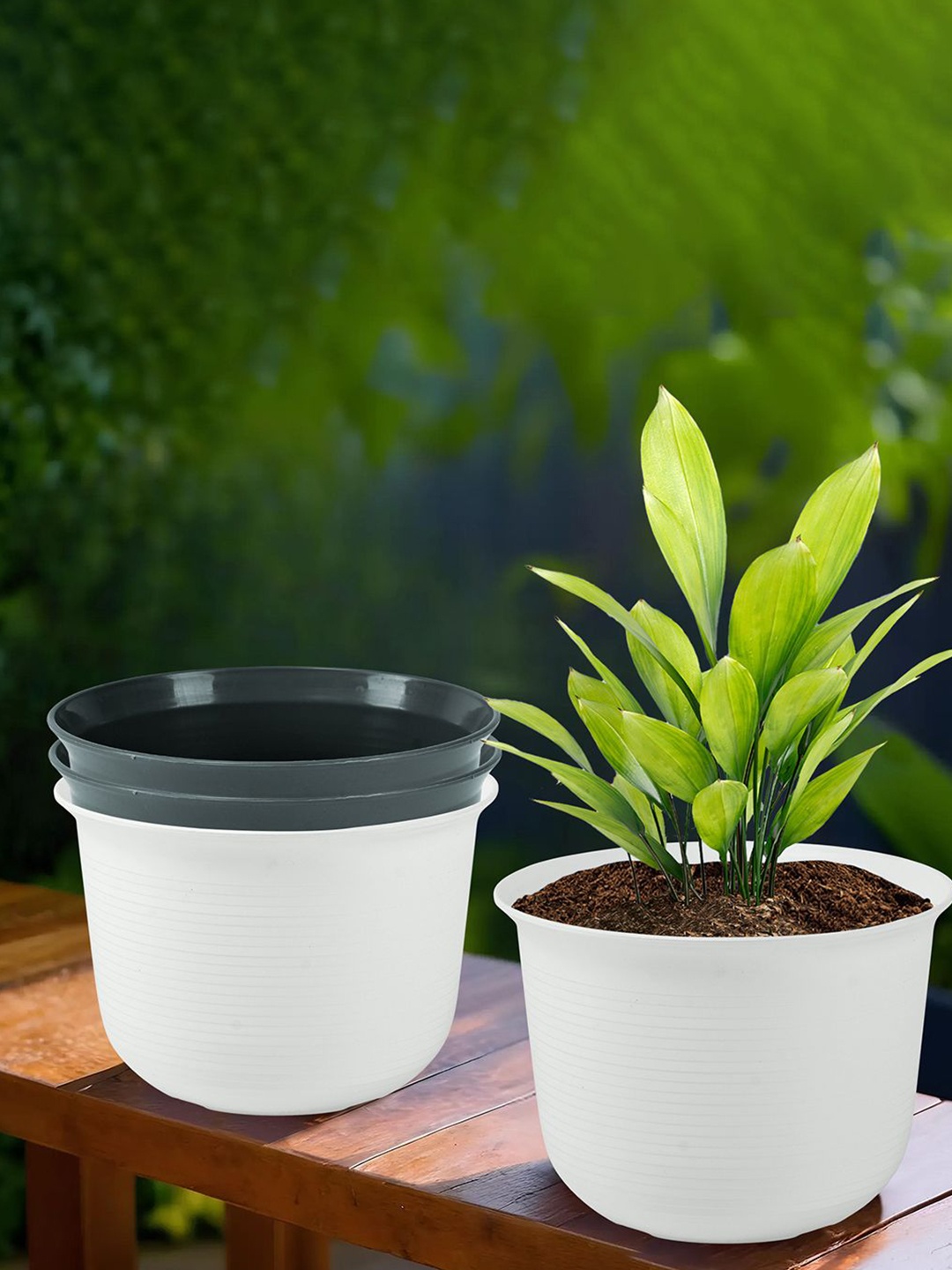 

Kuber Industries White & Grey 4Pcs Marble Sawera Planters With Plate