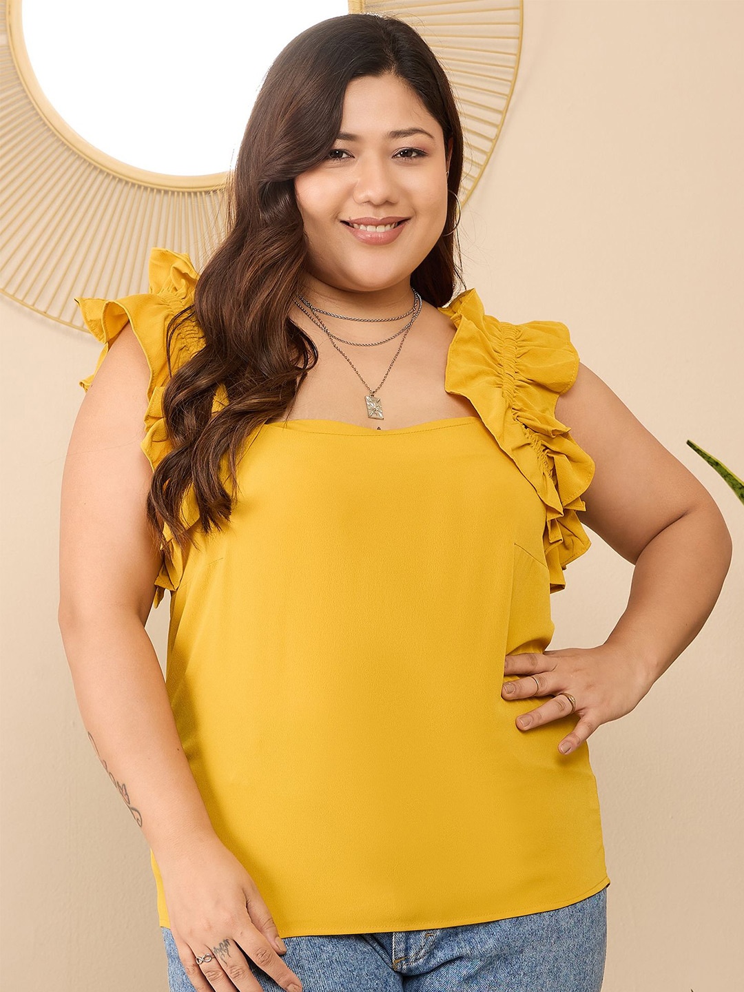 

Berrylush Curve Women Square Neck Plus Size Regular Top, Yellow