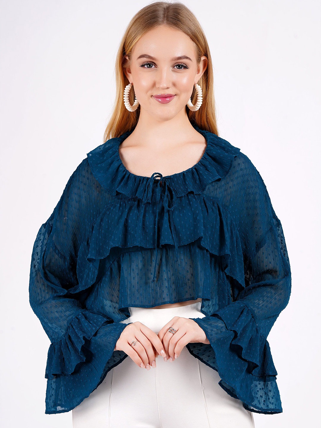 

MINGLAY Women Ruffle Detail Self Design Top, Teal