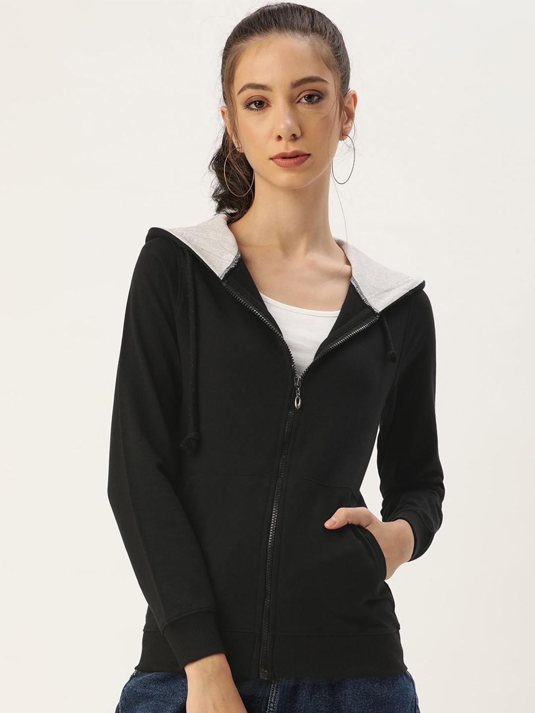 

ARISE Women Cotton Hooded Long Sleeves Front-Open Sweatshirt, Black