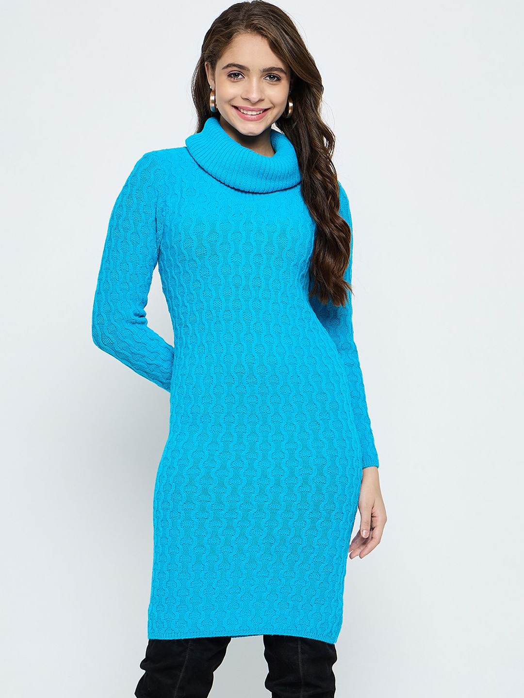 

CREATIVE LINE Women Self Design Woollen High neck Long Sleeves Knee Length Jumper Dress, Blue