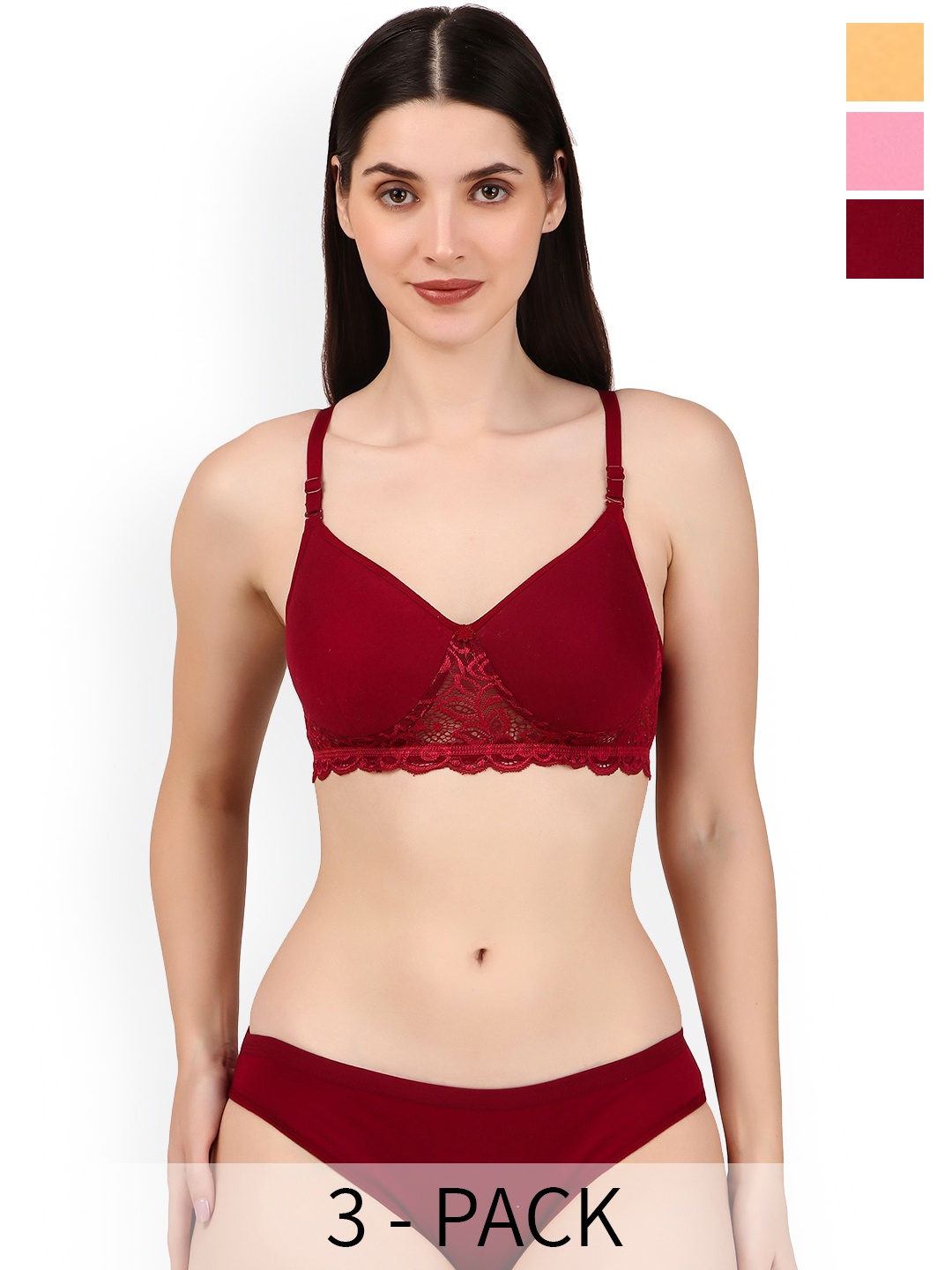 

Piylu Women Pack Of 3 Lightly-Padded Lingerie Sets, Maroon
