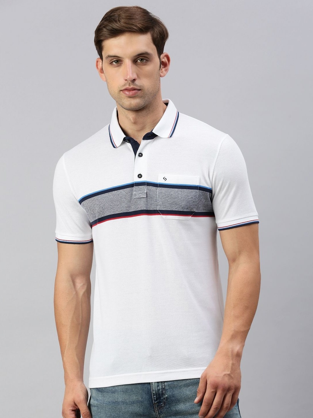 

Classic Polo Men Striped Polo Collar Cotton T-shirt, White