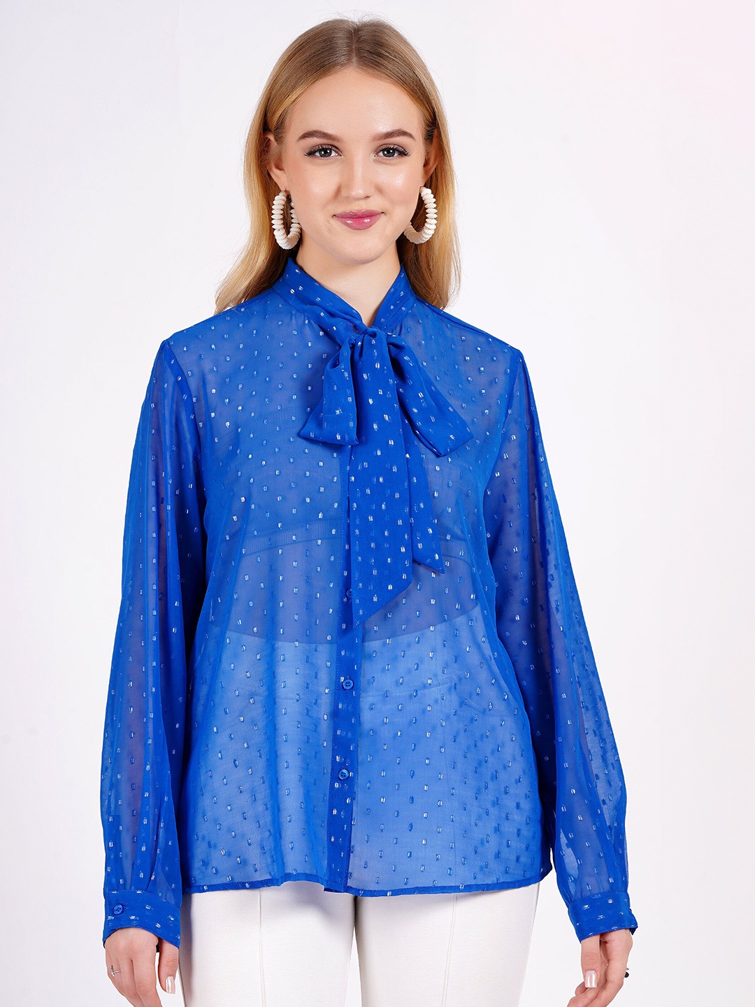 

MINGLAY Women Tie-Up Neck Self Design Top, Blue