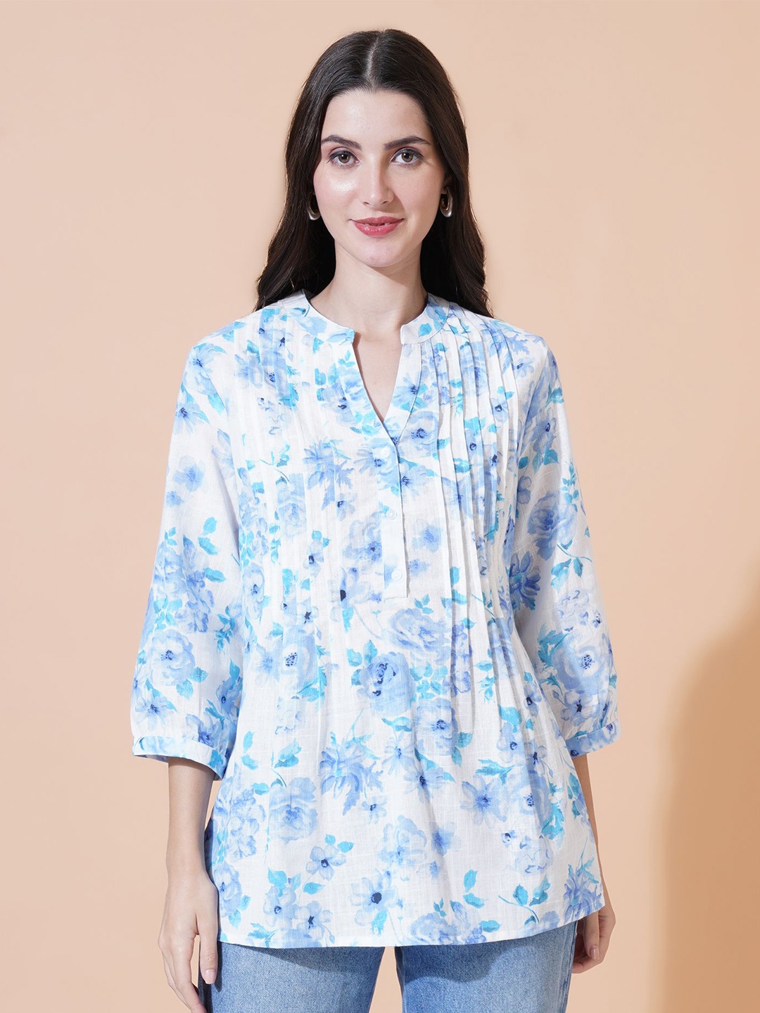 

Mast & Harbour Women Printed Mandarin Collar Cotton Longline Top, Blue