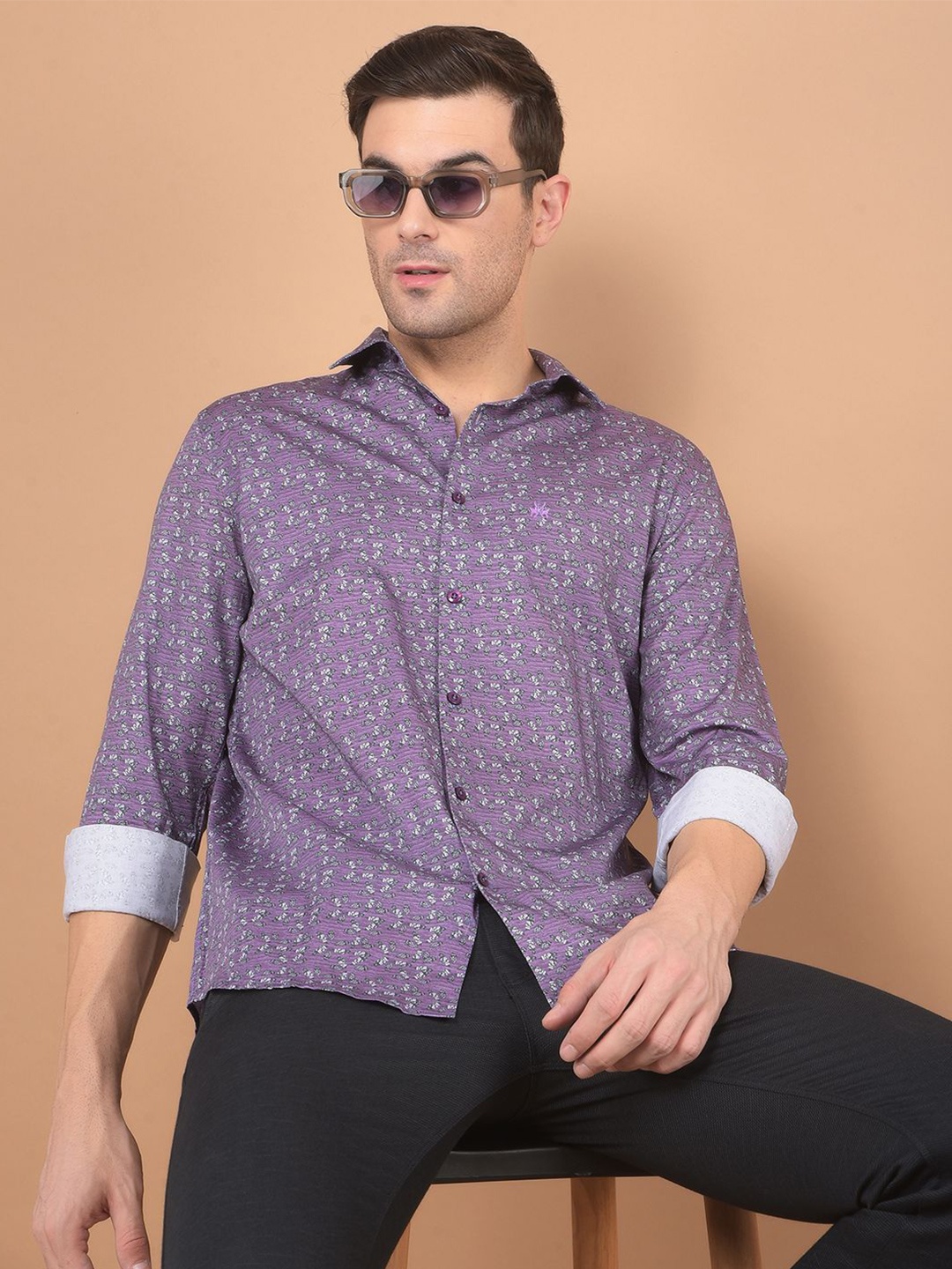 

Crimsoune Club Men Classic Conversational Printed Cotton Slim Fit Casual Shirt, Purple